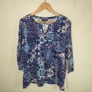 Chaps Boho Ikat Cotton Top Lace Trim Side Hem